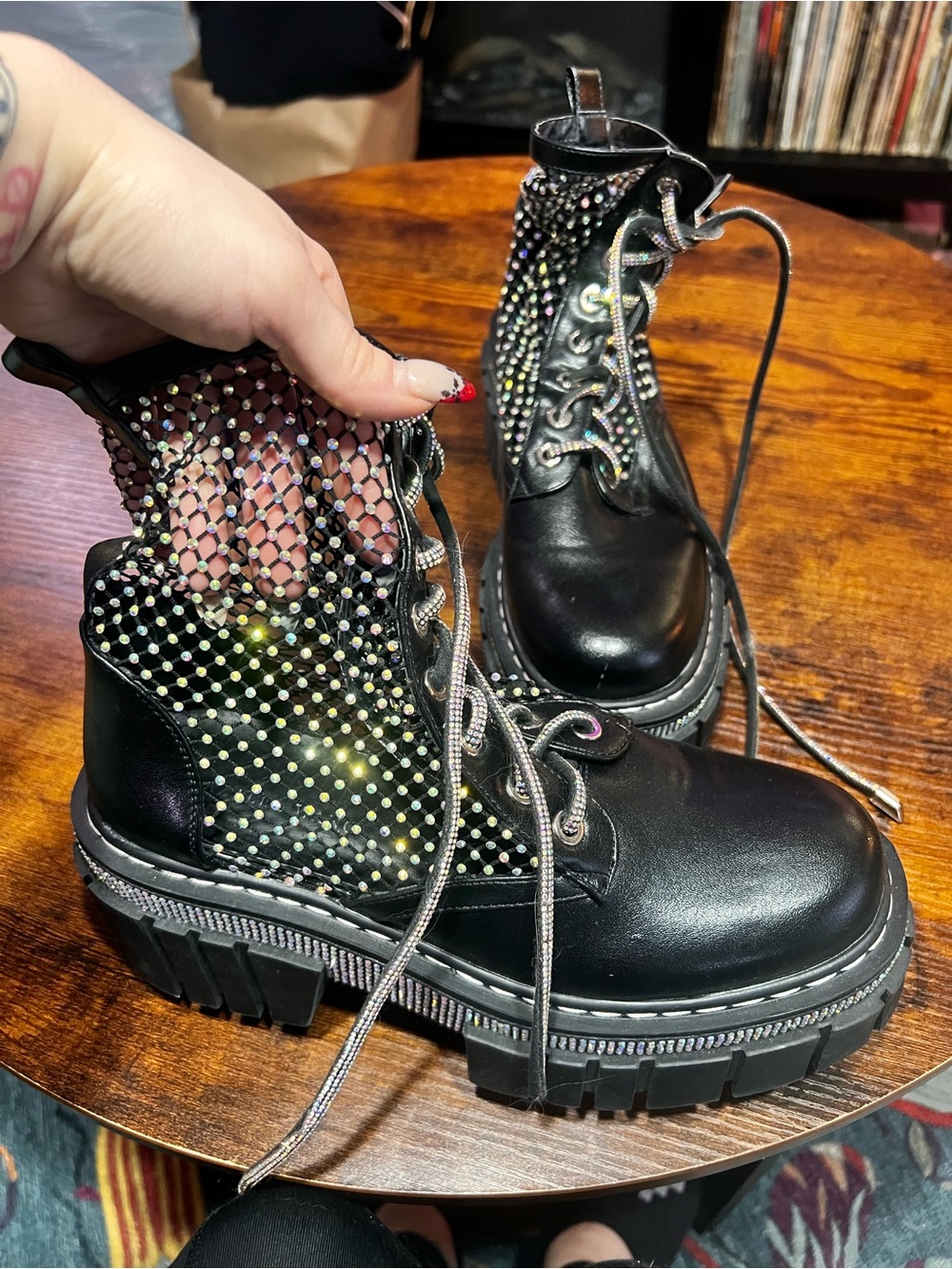 Black Rhinestone Mesh Combat Boots - Women